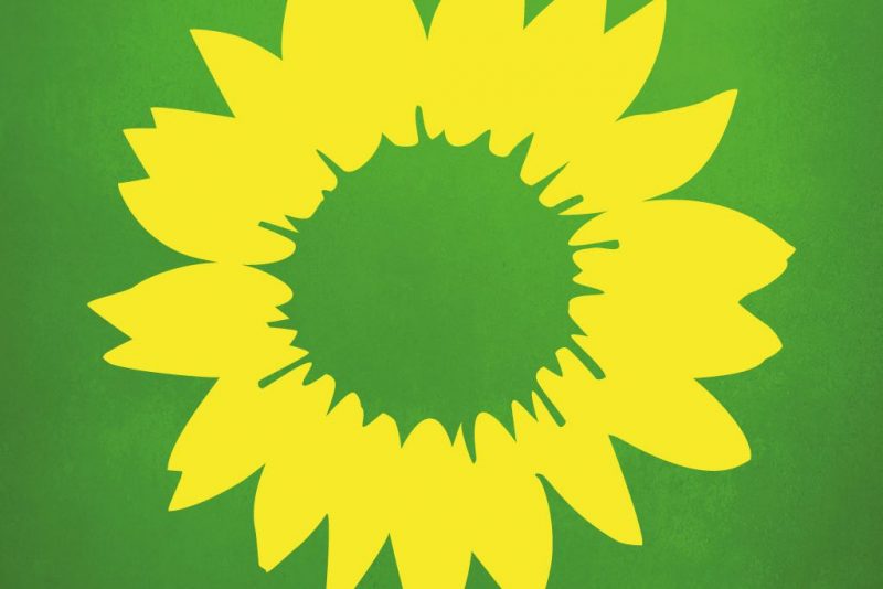Parteilogo ohne Schriftzug. Abstrakte Sonnenblume auf grünem Hintergrund.